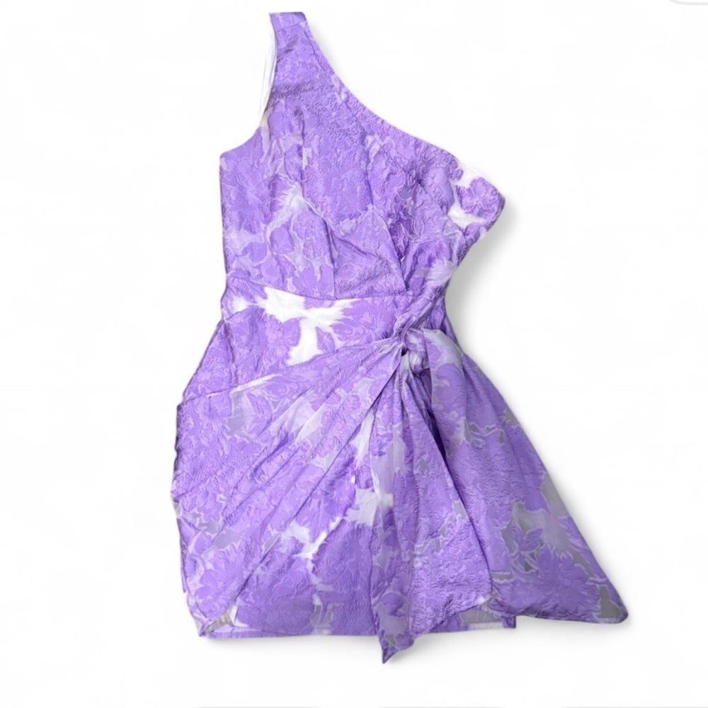 SHOWPO- BRAILEY MINI DRESS- One Shoulder Wrap Front Dress in Purple Jacquard - Picture 6 of 9